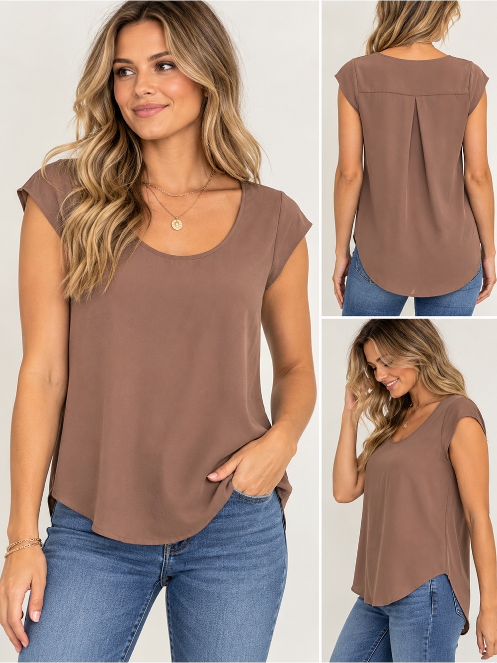 Womens Brown Scoop Neck Cap Sleeve 14th & Union